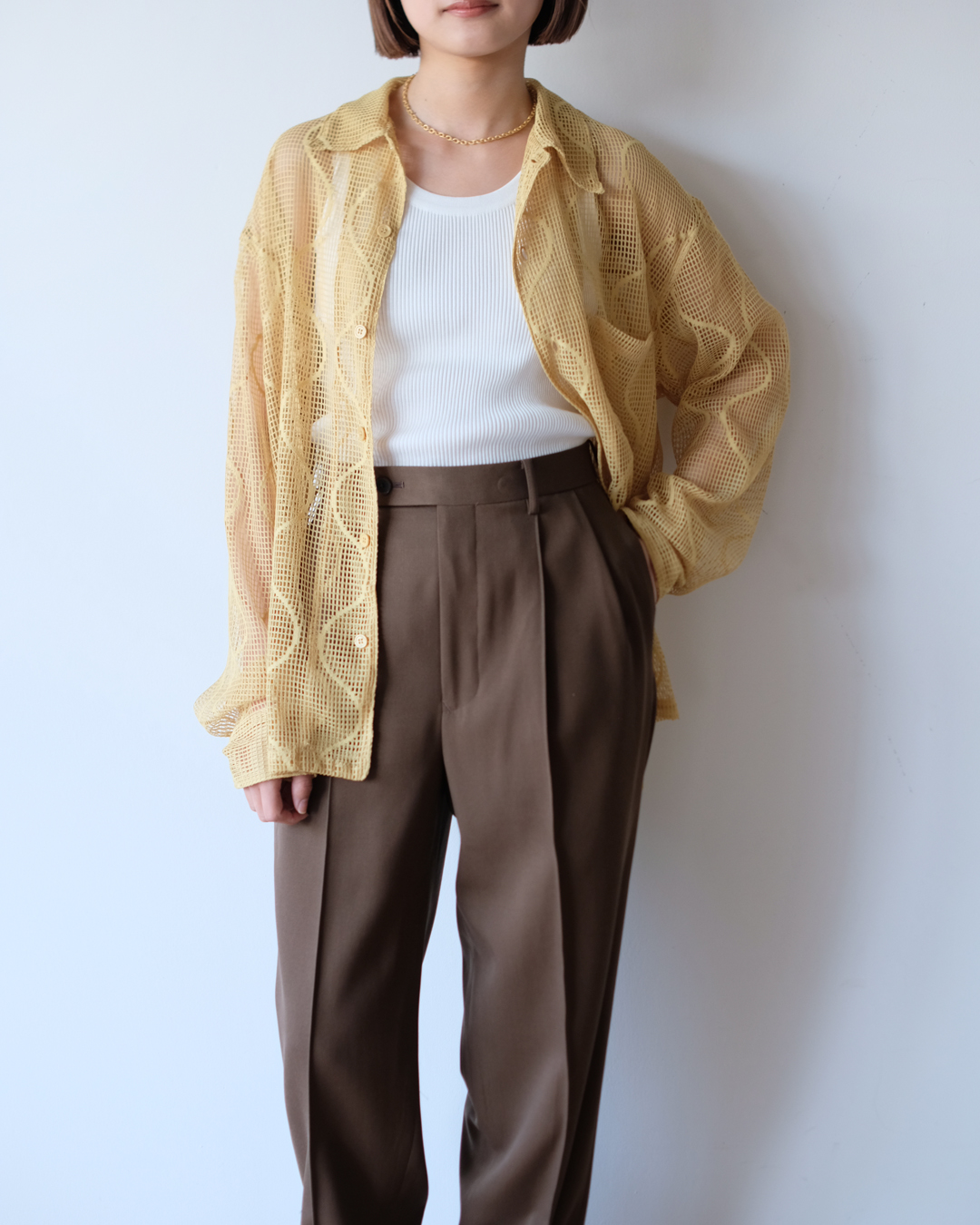 unusedwomens-opencollargourdpatternmeshshirt